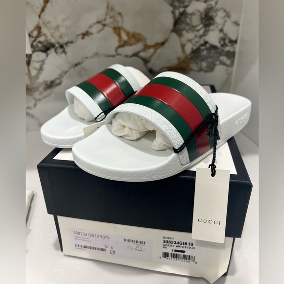 Gucci White Pursuit Web Accent Red Green Slides New - Picture 9 of 11